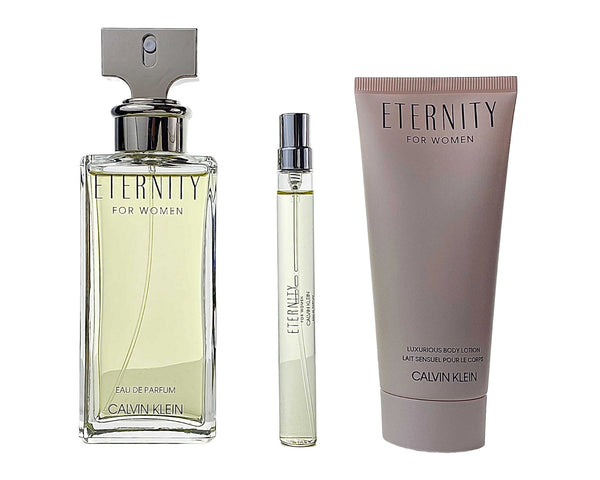 CKET3 - Calvin Klein Eternity 3 Pc. Gift Set for Women - EDP 3.3 oz + EDP 0.33 oz + Luxurious B/L 3.3 oz