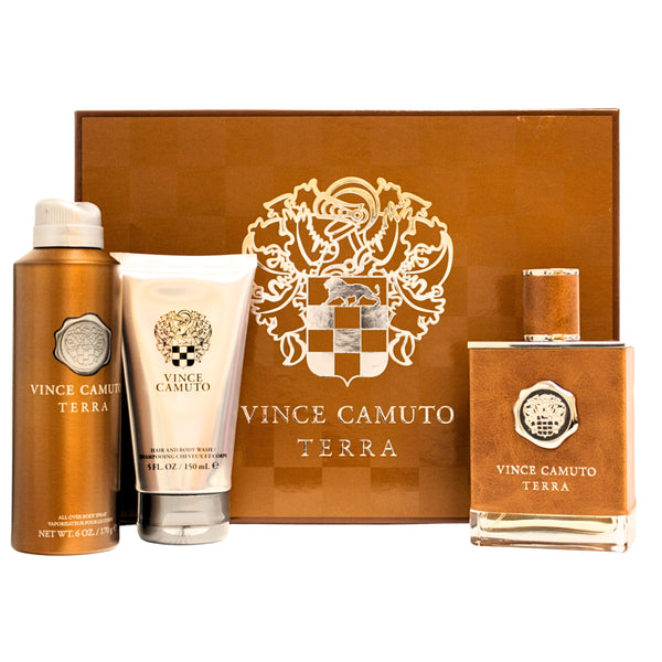 VCT3M - Vince Camuto Terra 3 Pc. Gift Set for Men - Hair & Body Wash 5 oz + Body SPR 6 oz + EDT SPR 3.4 oz