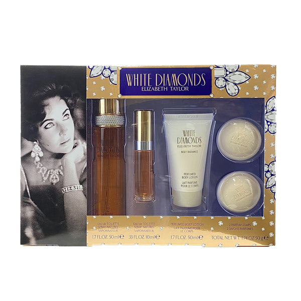 WH421 - White Diamonds 5 Pc. Gift Set ( Eau De Toilette Spray 1.7 Oz + Eau De Toilette Spray 0.33 Oz Mini + Perfumed Body Lotion 1.7 Oz + 2x Perfumed Soaps ) for Women by Elizabeth Taylor